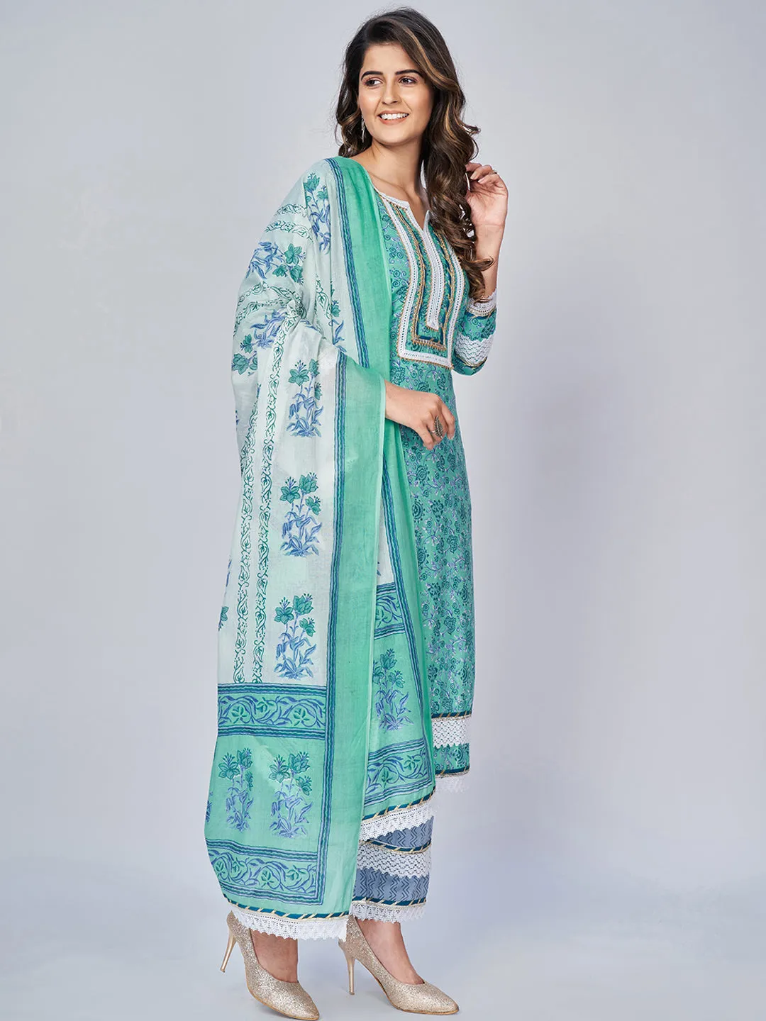 Women'S Printed & Lace Work Straight Cotton Aqua Kurta Pant With Dupatta