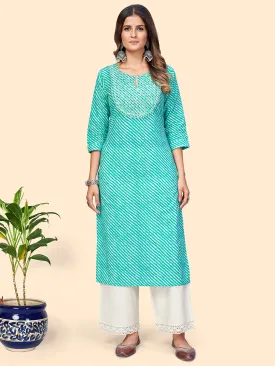 Women'S Printed & Sequience Straight Cotton Turquoise Stitched Kurta