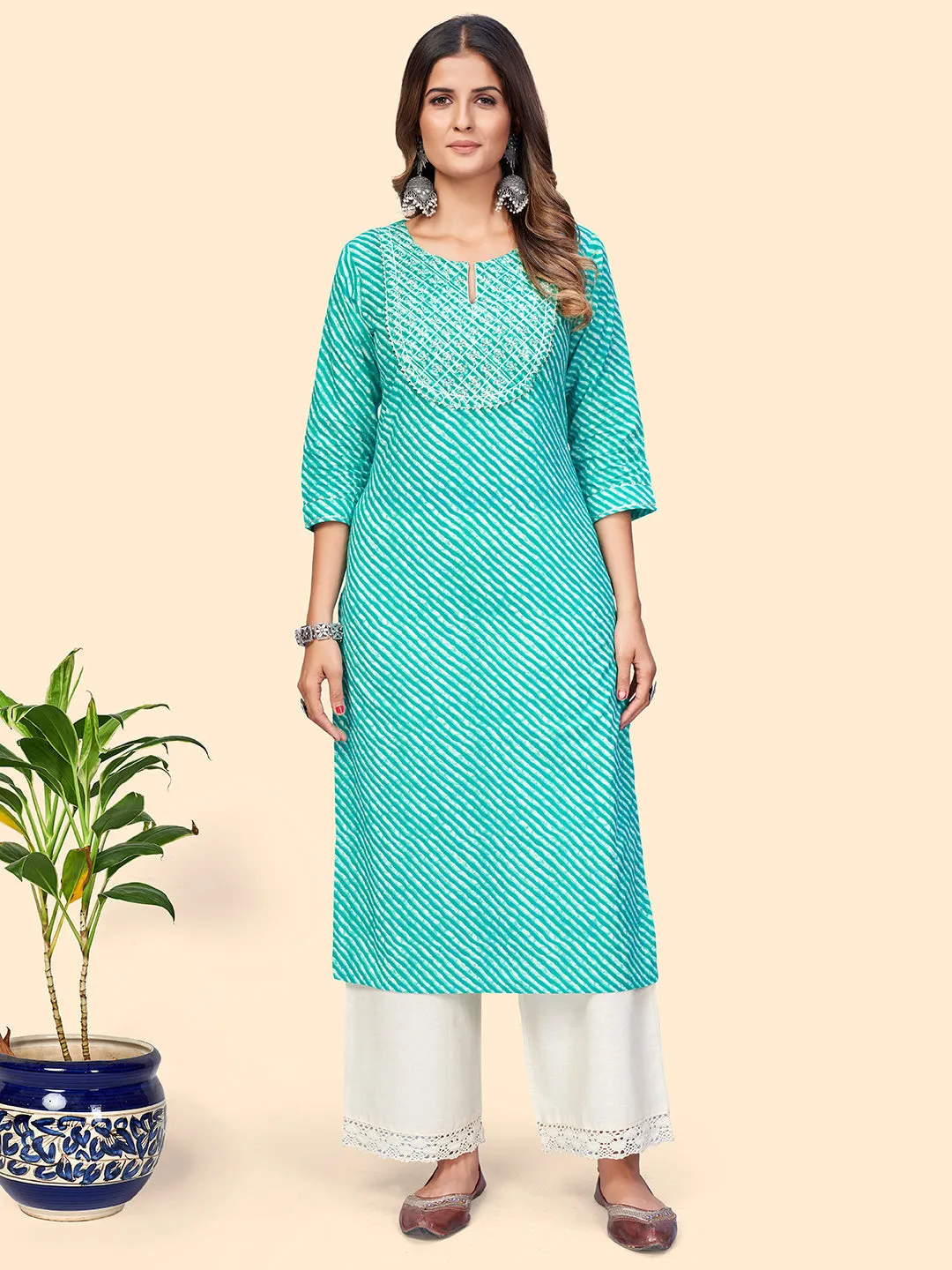 Women'S Printed & Sequience Straight Cotton Turquoise Stitched Kurta