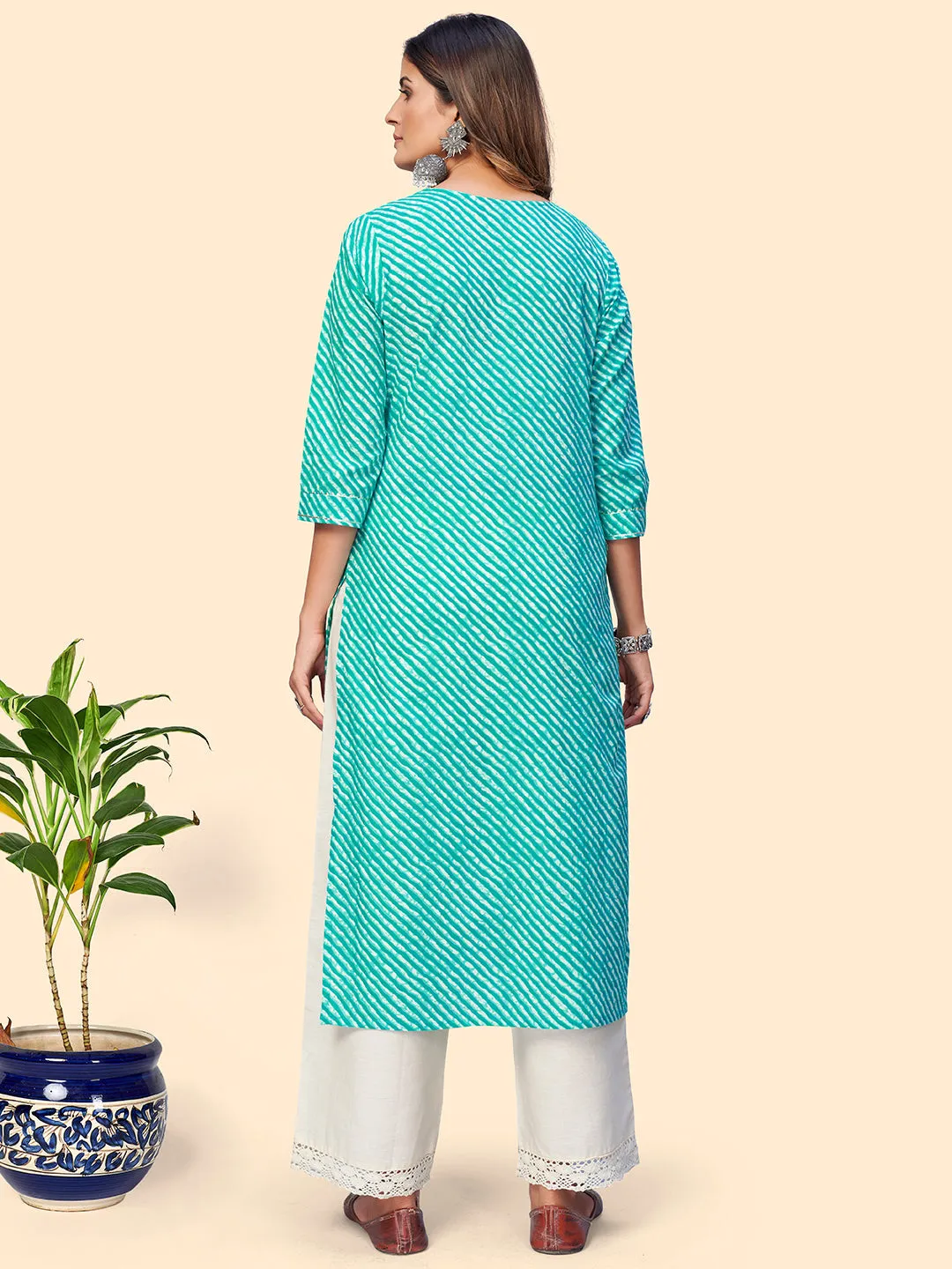 Women'S Printed & Sequience Straight Cotton Turquoise Stitched Kurta