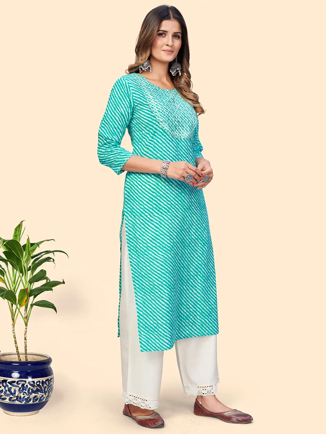 Women'S Printed & Sequience Straight Cotton Turquoise Stitched Kurta