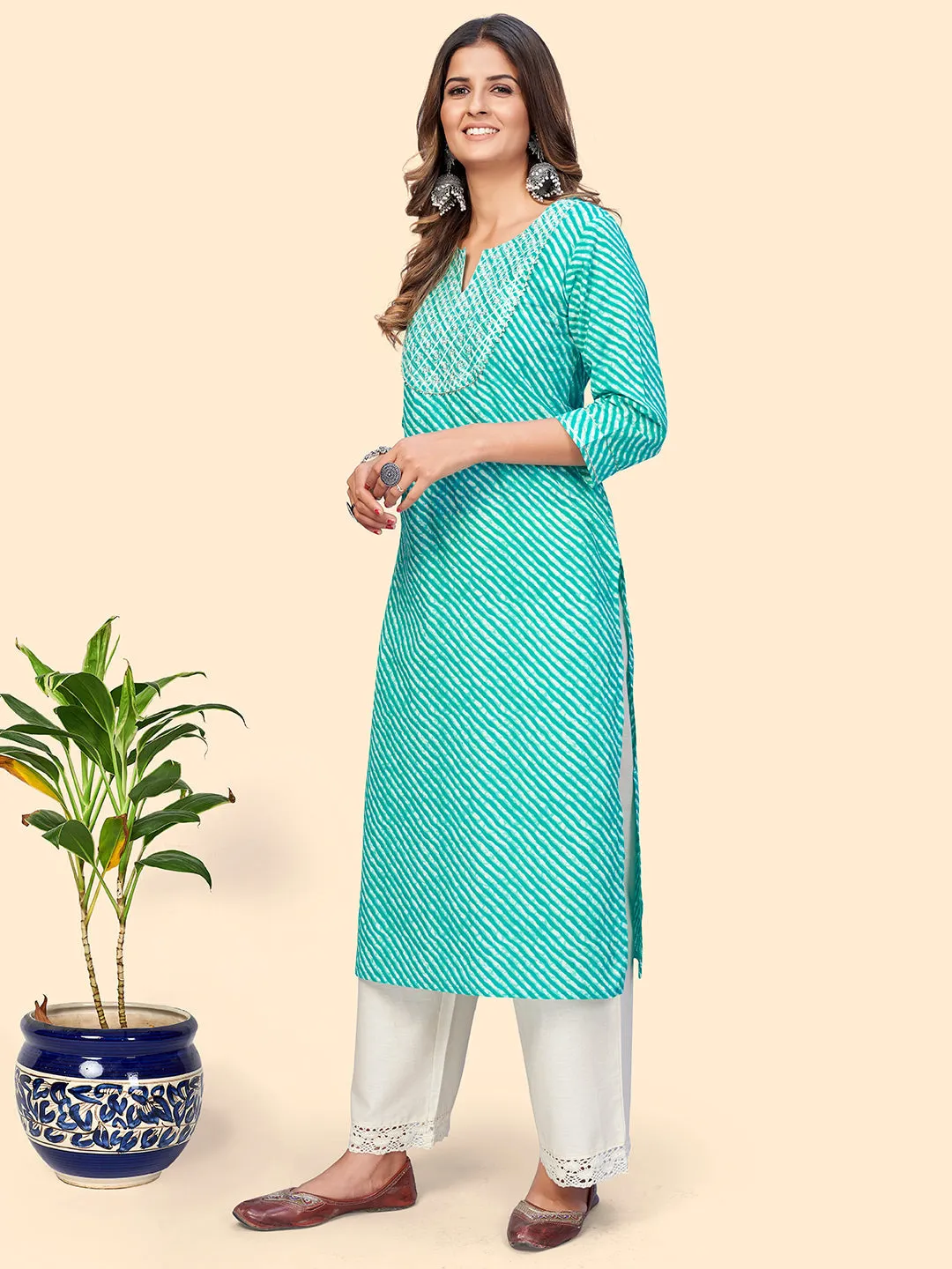 Women'S Printed & Sequience Straight Cotton Turquoise Stitched Kurta