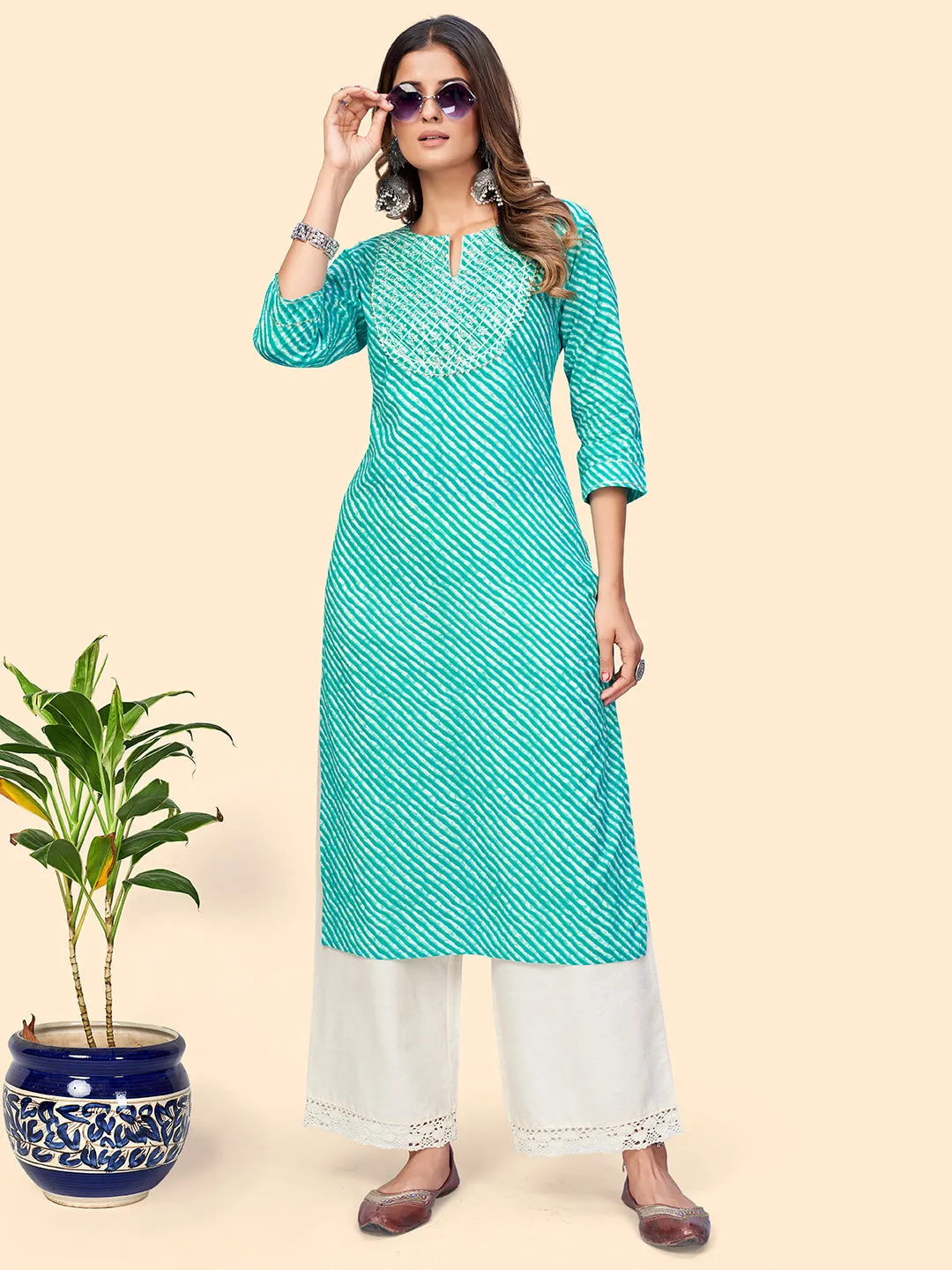 Women'S Printed & Sequience Straight Cotton Turquoise Stitched Kurta