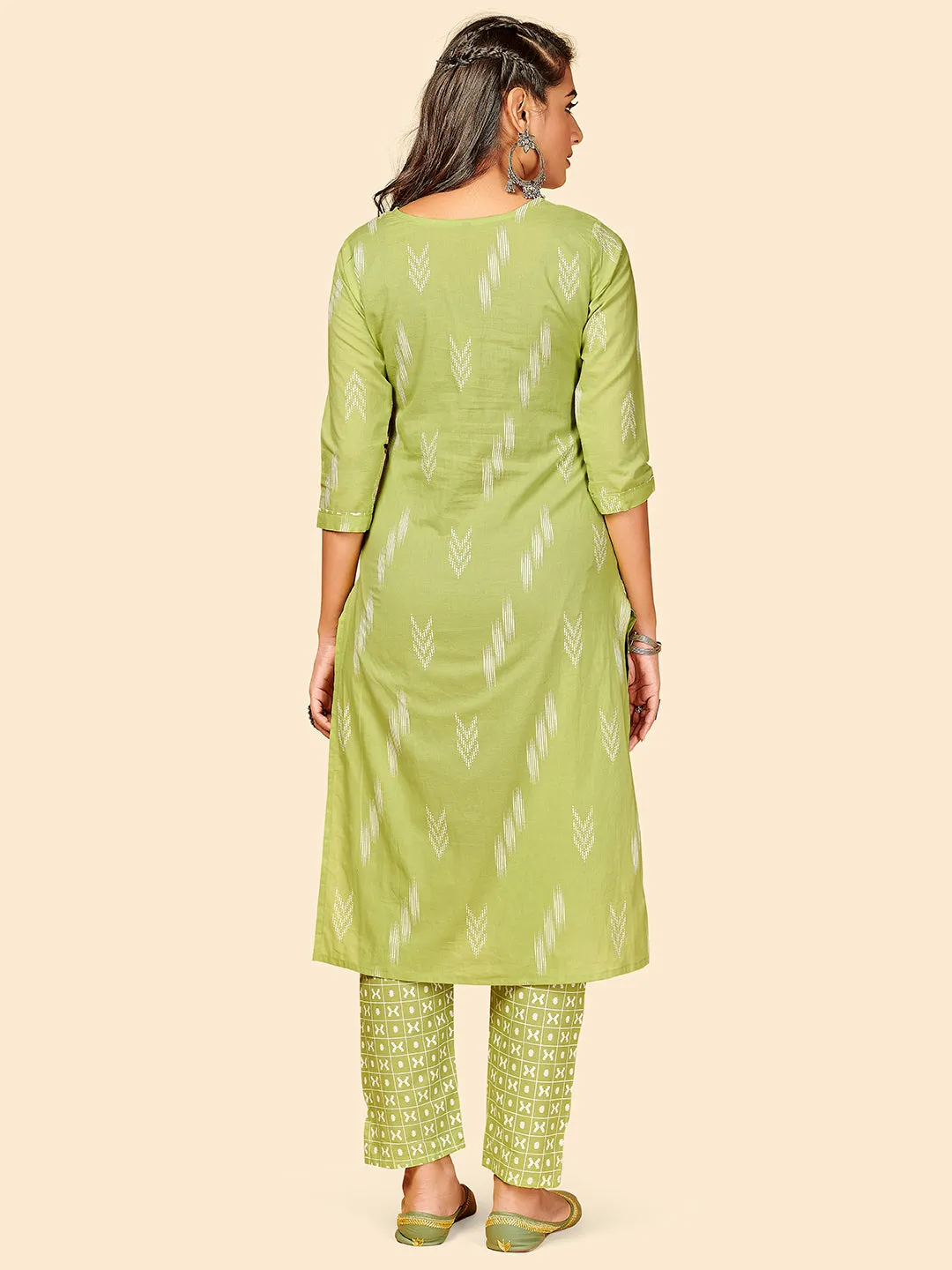 Women'S Printed & Sequience Work Straight Cotton Parrot Green Stitched Kurta With Pant