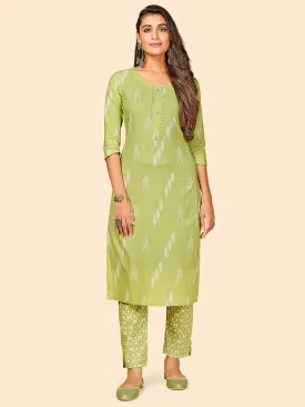 Women'S Printed & Sequience Work Straight Cotton Parrot Green Stitched Kurta With Pant