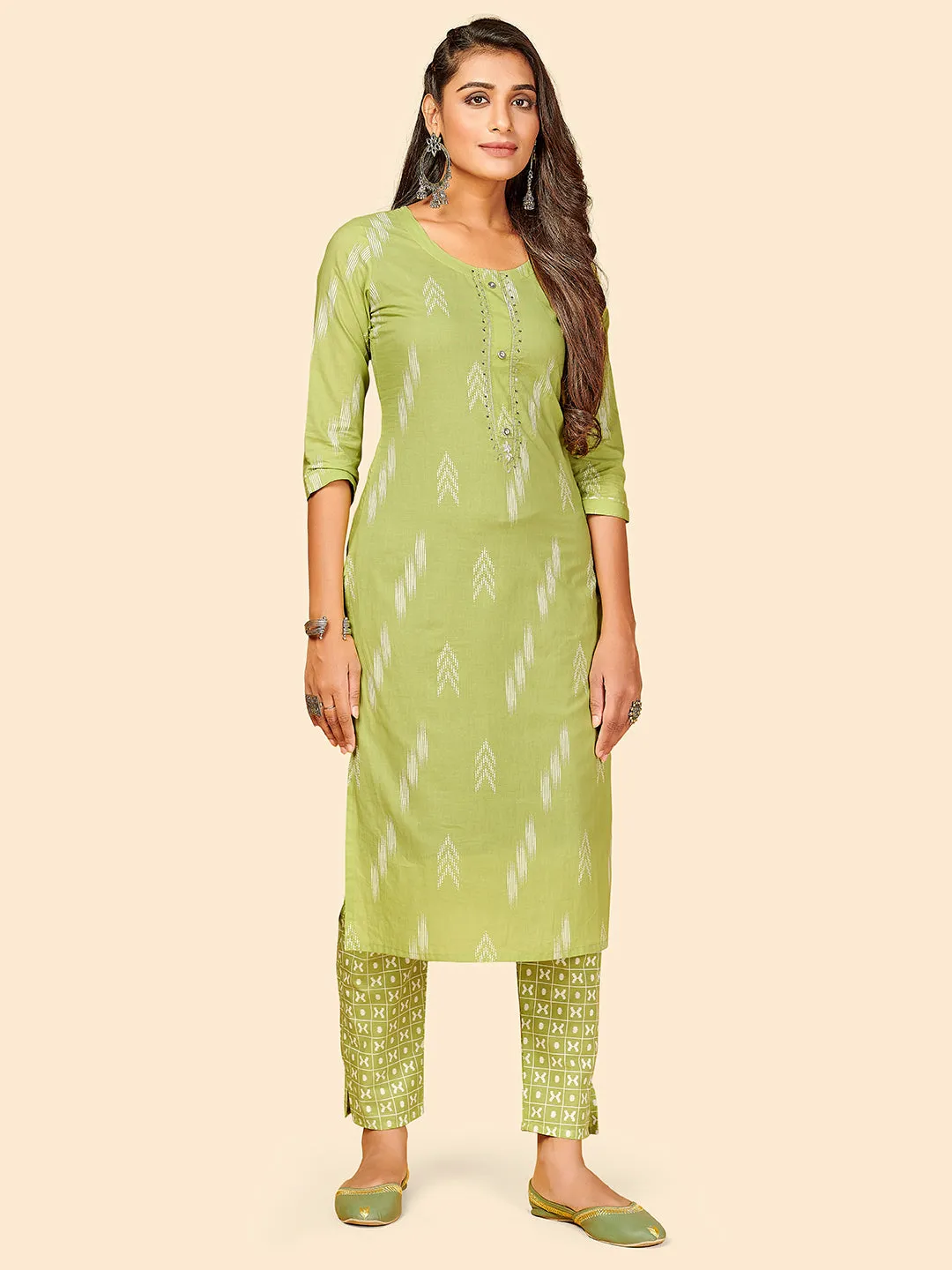 Women'S Printed & Sequience Work Straight Cotton Parrot Green Stitched Kurta With Pant