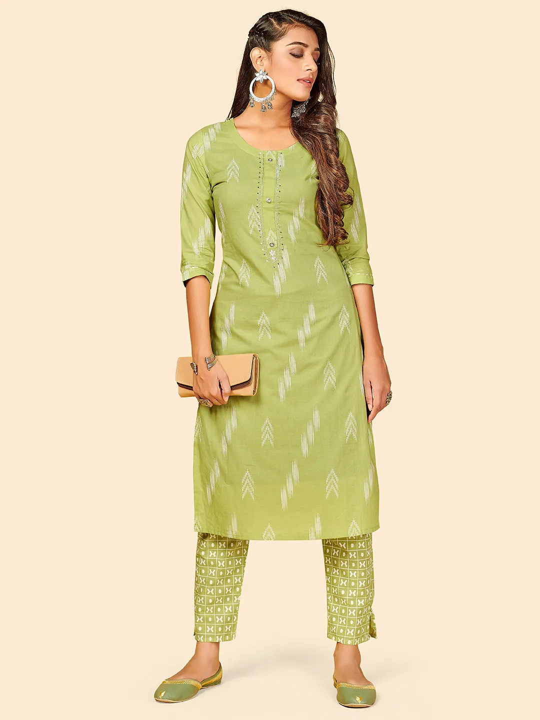 Women'S Printed & Sequience Work Straight Cotton Parrot Green Stitched Kurta With Pant