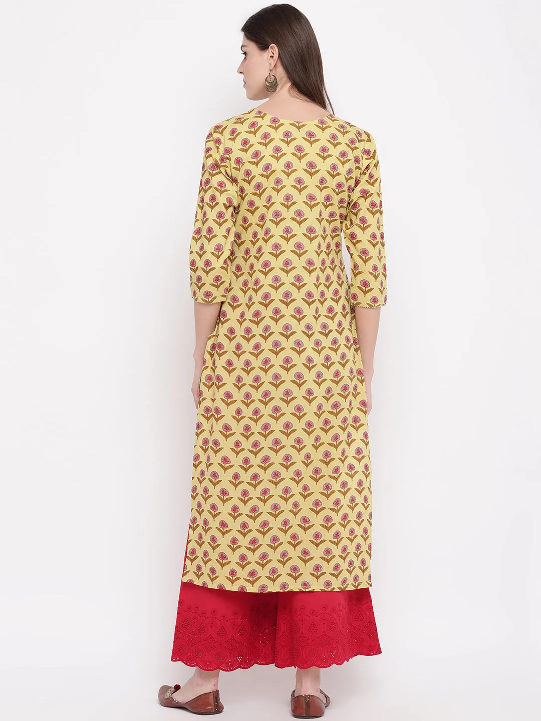 Women'S Printed,Gota Patti Work, Sequience Work Straight Cotton Yellow Kurti