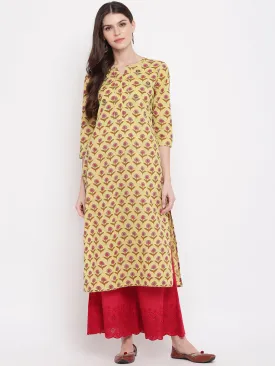 Women'S Printed,Gota Patti Work, Sequience Work Straight Cotton Yellow Kurti