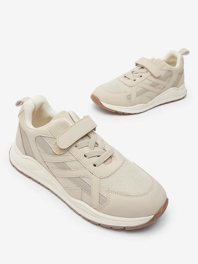 Yellow Beige Mesh-Detailed Lace-Up Sneakers